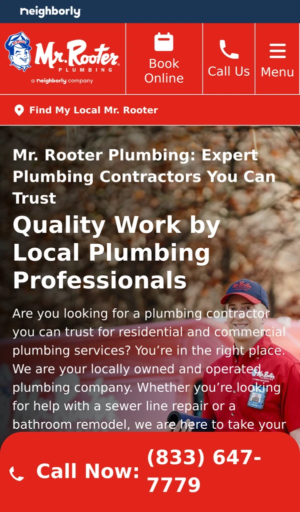 Mr. Rooter mobile homepage with a sticky Call Now click-to-call bar and a Call Us button in the header