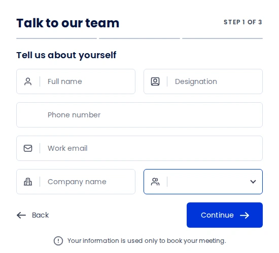 Acefone Talk to our team form, step 1 of 3, with a single Full name field