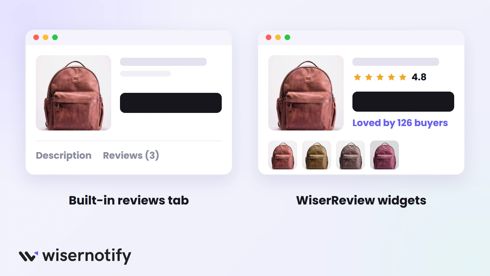 Built-in WooCommerce reviews hidden in a tab compared with WiserReview stars, a review nudge, and customer photos