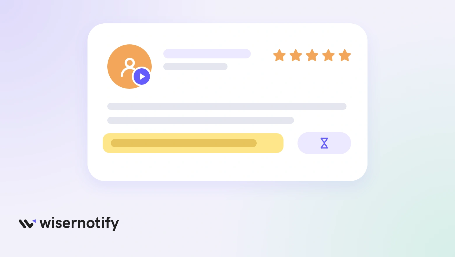 A testimonial card with a photo and video badge, a name, five stars and a highlighted result line
