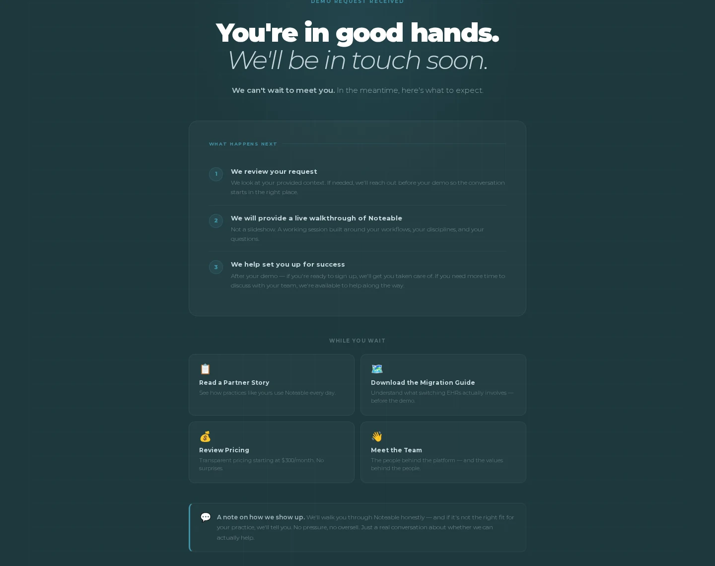 Noteable demo request thank you page with next steps, a partner story, and resources to explore while waiting