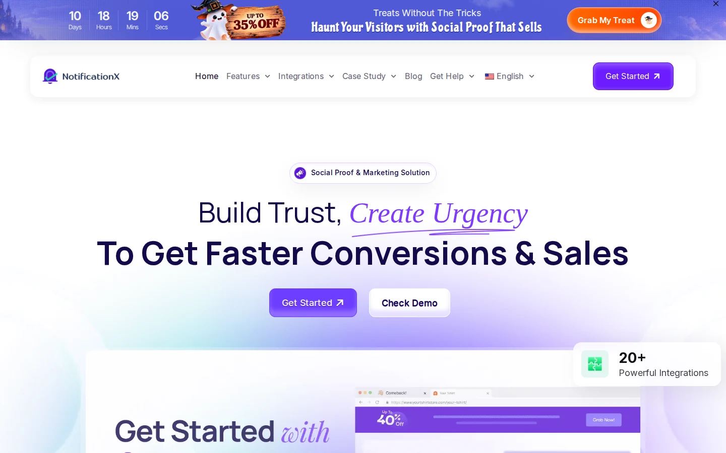 NotificationX homepage: build trust and create urgency
