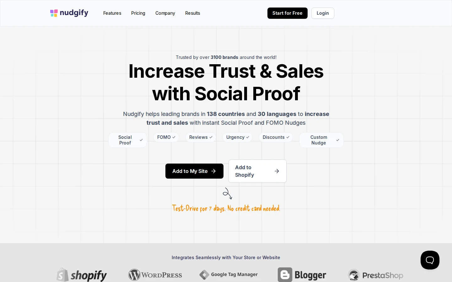 Nudgify homepage: increase trust and sales with social proof