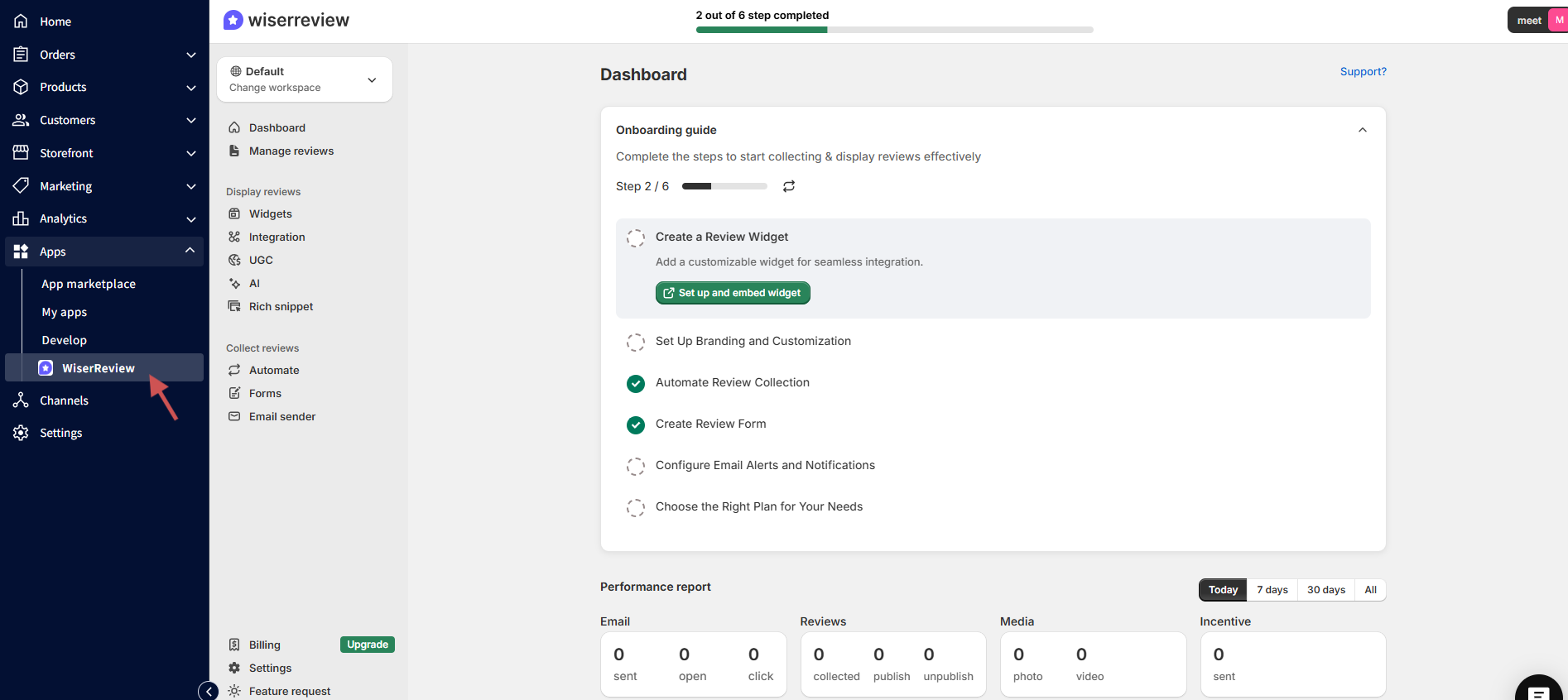 WiserReview dashboard opened inside BigCommerce with the onboarding checklist