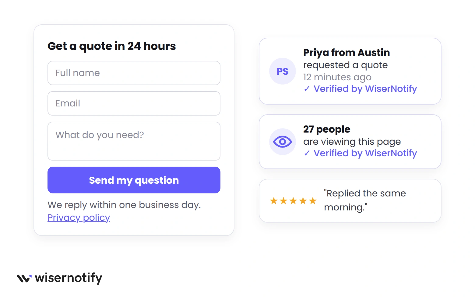 Quote form with a privacy line beside a WiserNotify request notification, live visitor count and a review
