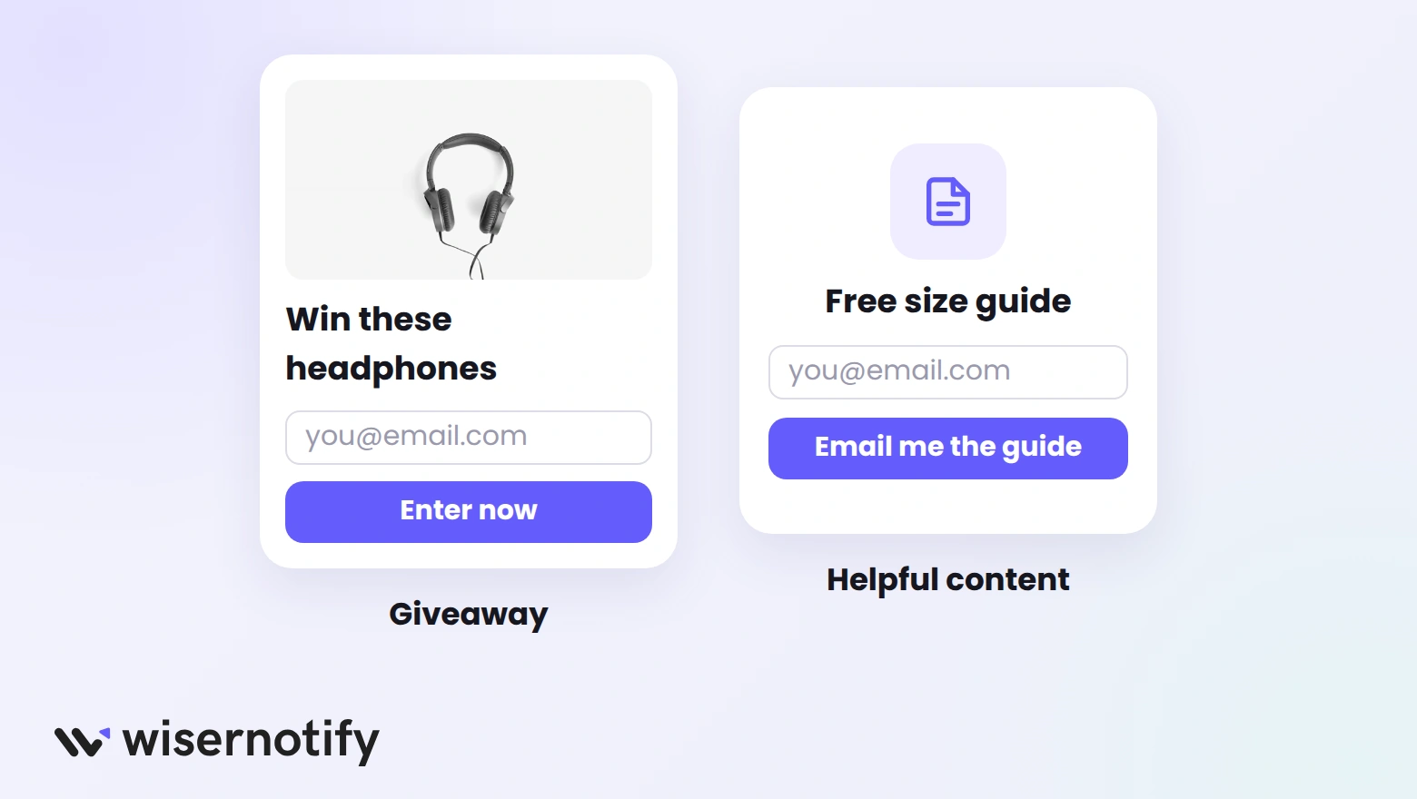 A giveaway entry card for headphones next to a free size guide signup
