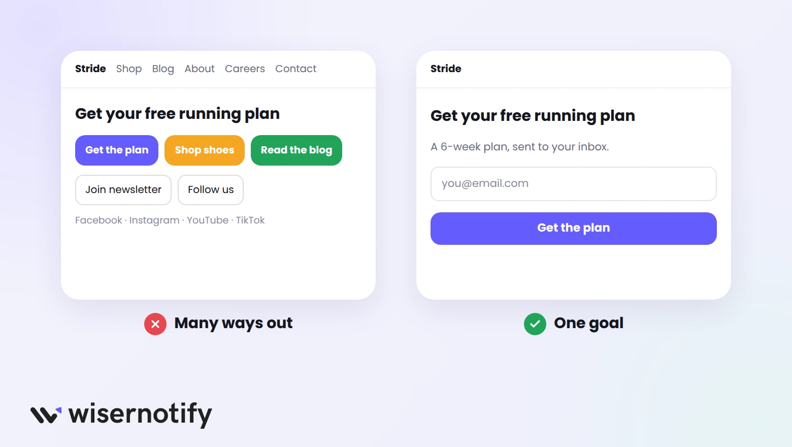 A landing page with many links and buttons next to a focused page with one form and one button