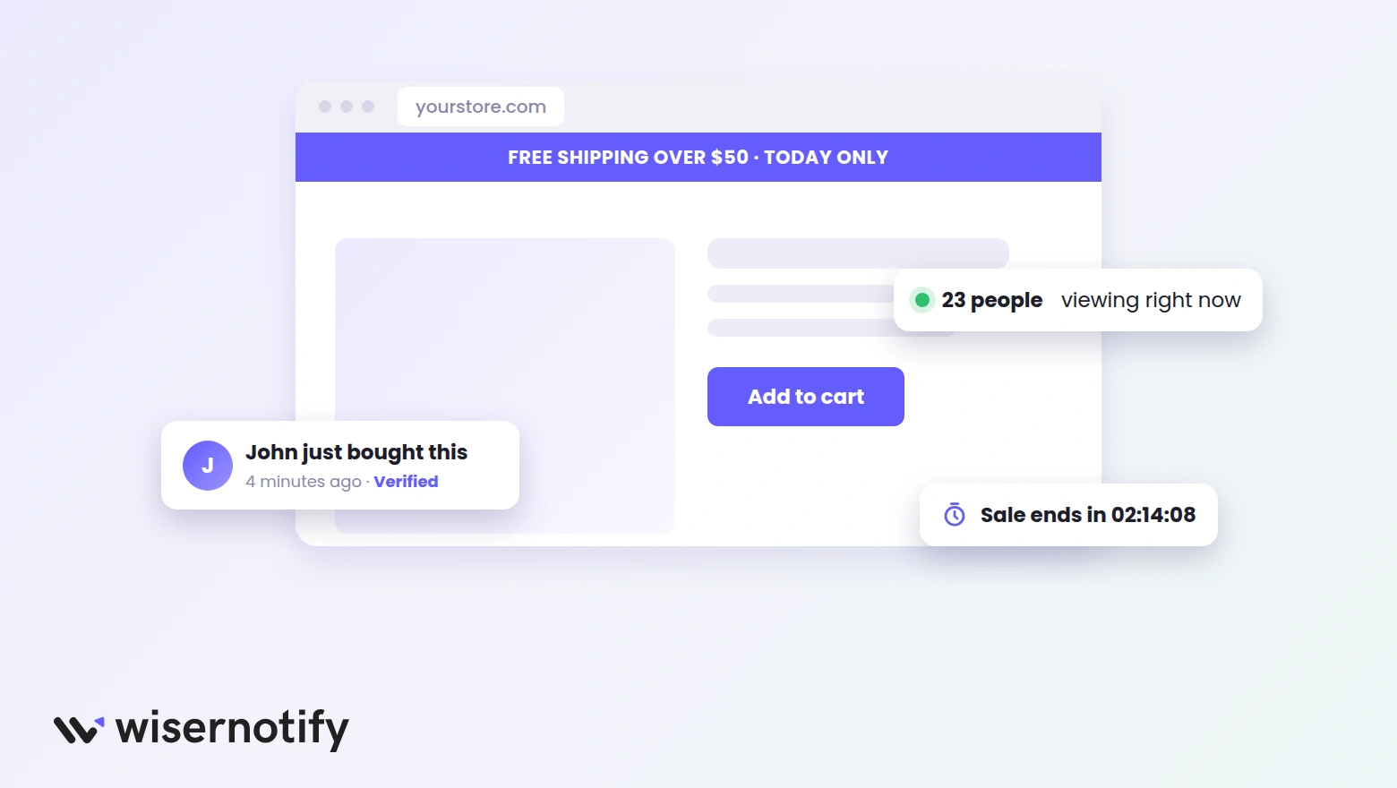 Store page showing on-site notifications including a purchase popup, live visitor counter, sale banner and countdown timer