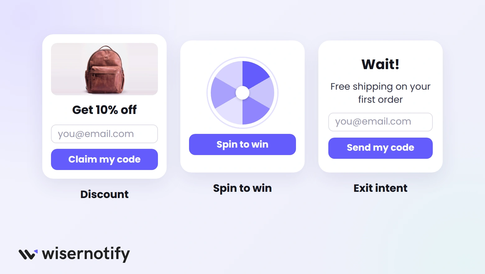 Three ecommerce popup types: a discount popup, a spin-to-win wheel, and an exit-intent offer