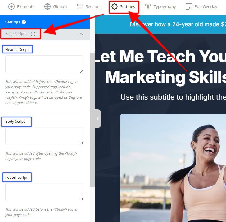 Header Script box under Settings and Page Scripts in the OptimizeBuilder