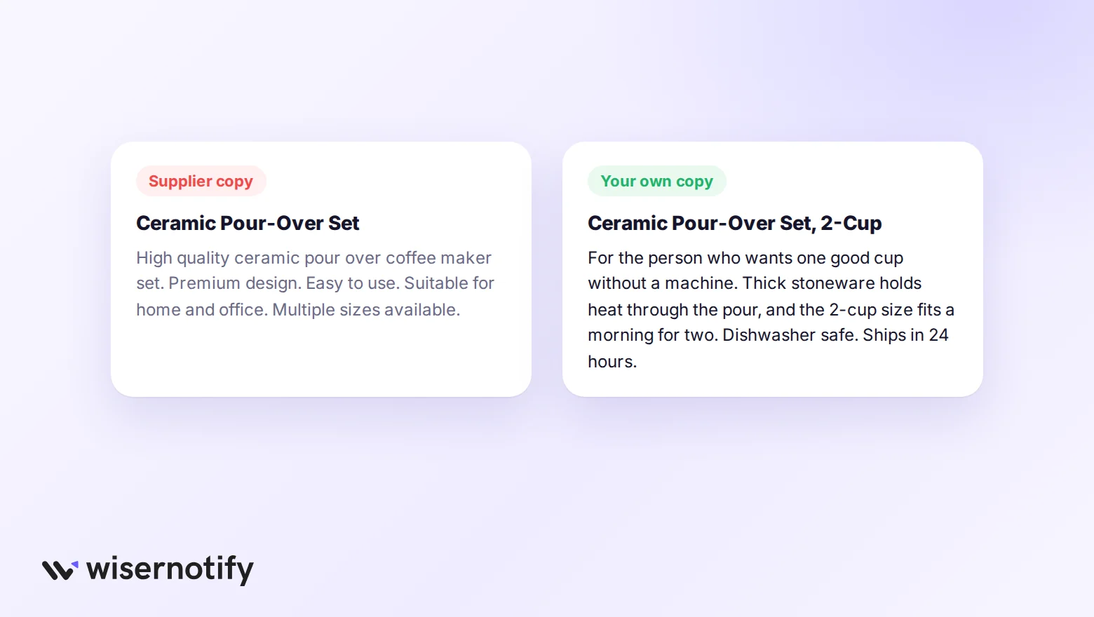 A supplier product description next to a rewritten description in the store's own words