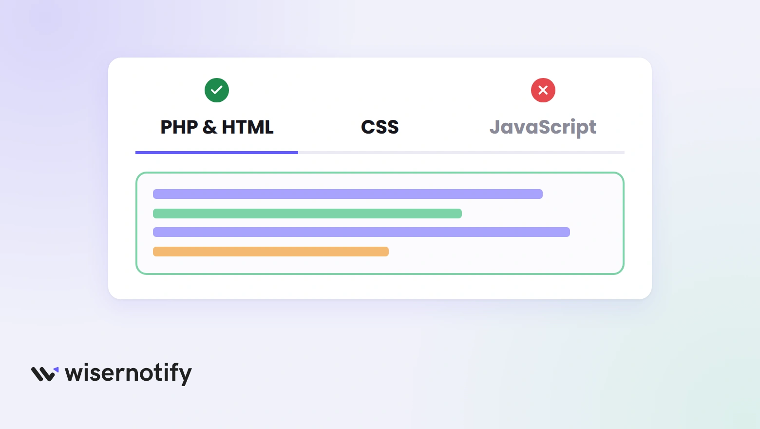 Oxygen Code Block tabs with the PHP and HTML tab marked correct and the JavaScript tab marked wrong for the widget code