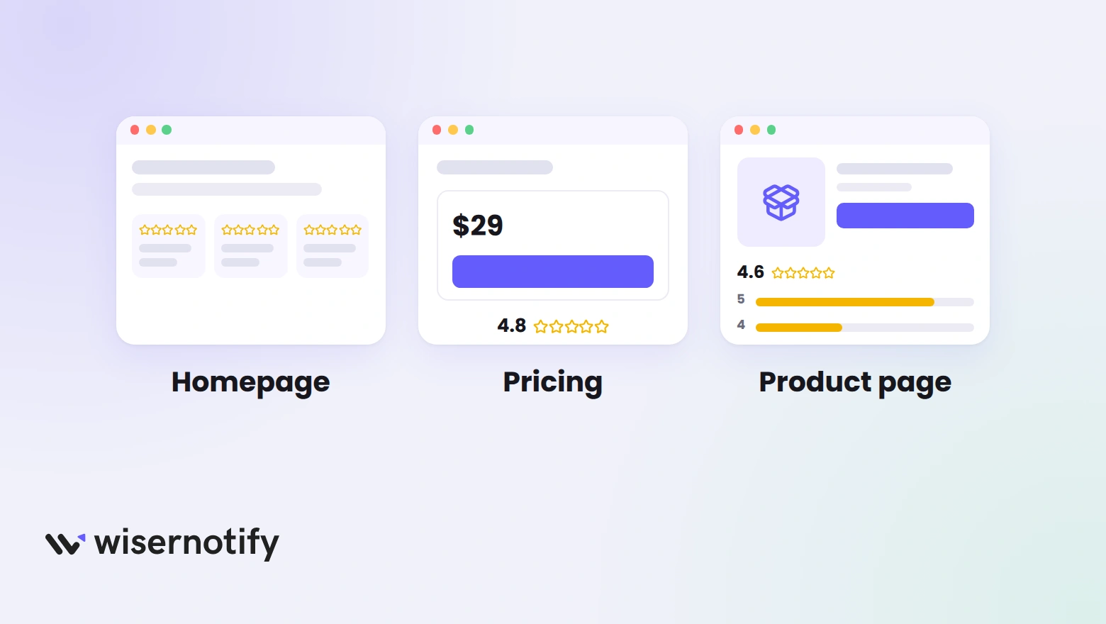 Review widgets matched to Oxygen pages: a carousel on the homepage, a rating badge by the pricing button and a review section on the product page