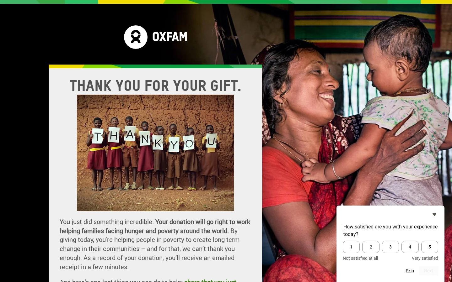 Oxfam America donation thank you page with an impact message and a satisfaction survey