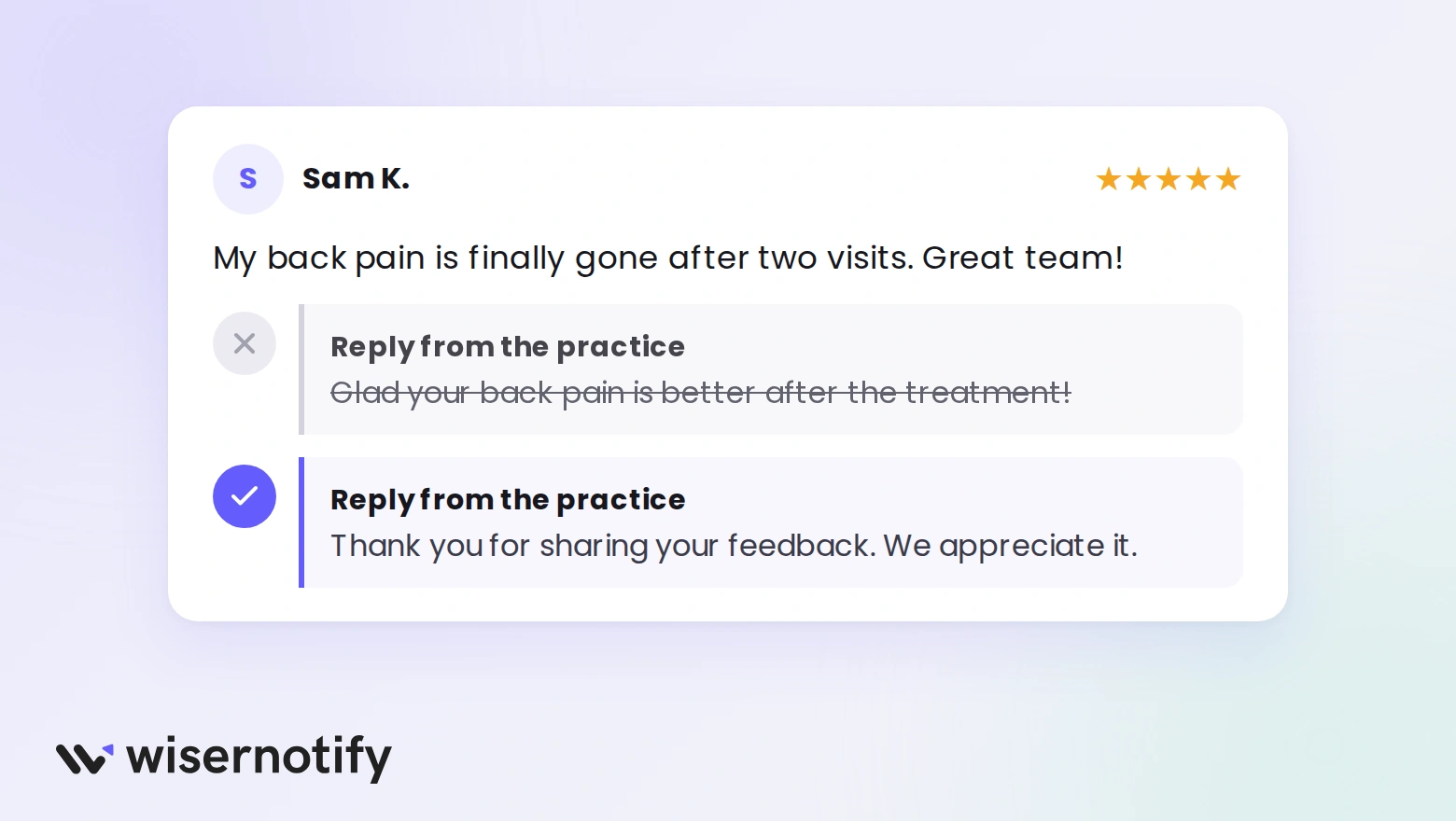 Patient review mentioning a condition with an unsafe reply crossed out and a HIPAA-safe reply approved