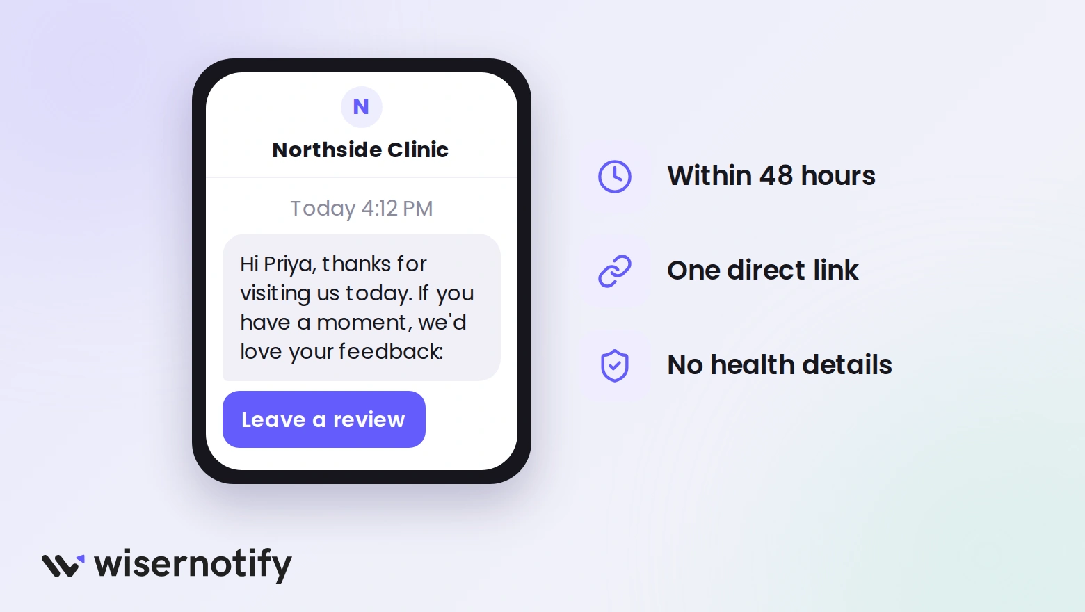 HIPAA-safe review request text sent within 48 hours with one direct link