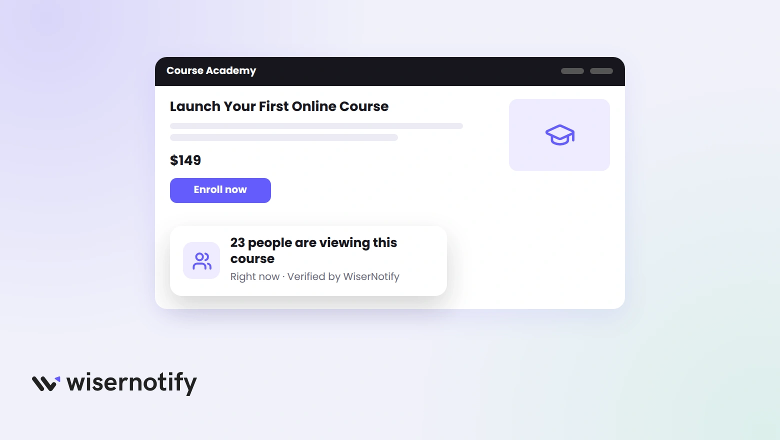 A Podia course sales page with a WiserNotify counter in the corner reading 23 people are viewing this course