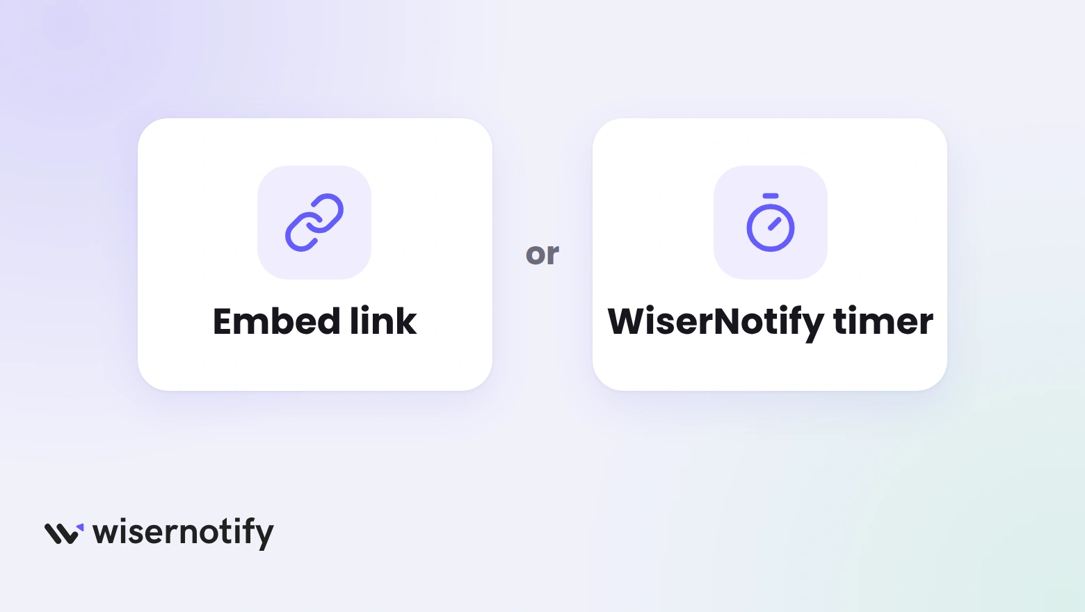 Two cards labelled Embed link and WiserNotify timer, the two ways to put a countdown on a Podia page