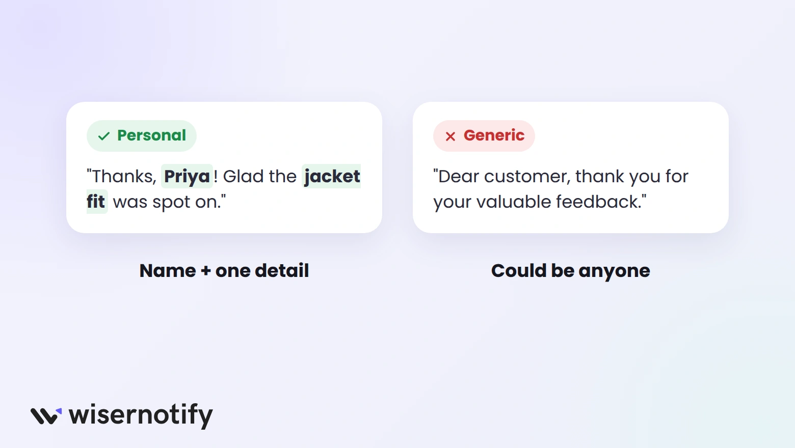 A personal review reply using the customer's name and a detail, next to a generic reply