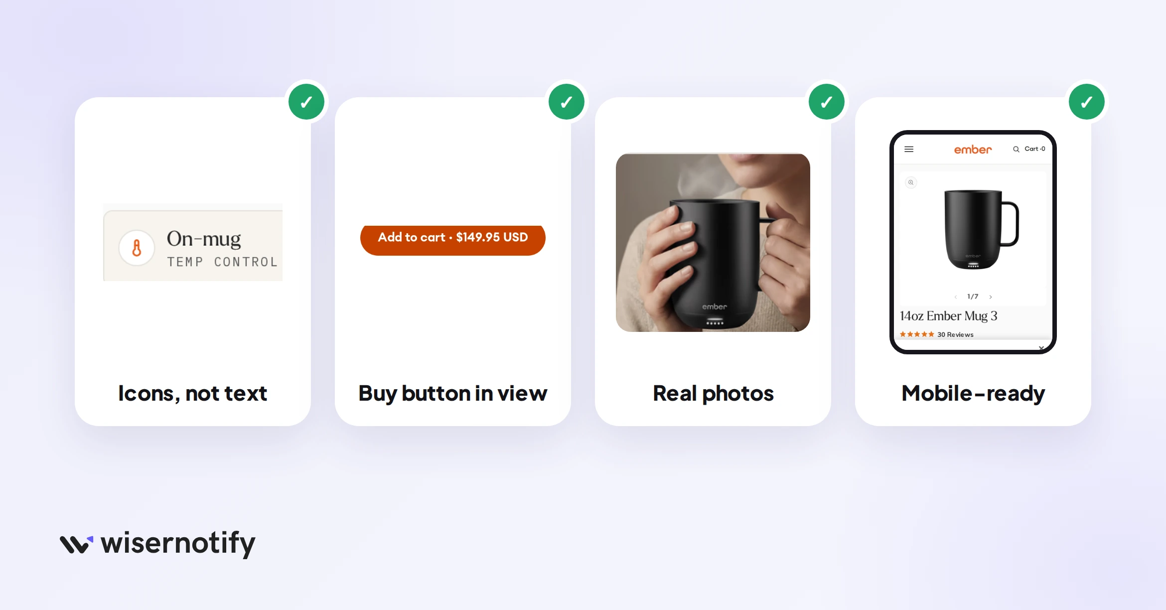 How a good product landing page avoids common mistakes: benefit icons instead of text, a buy button in view, real product photos, and a mobile-ready layout