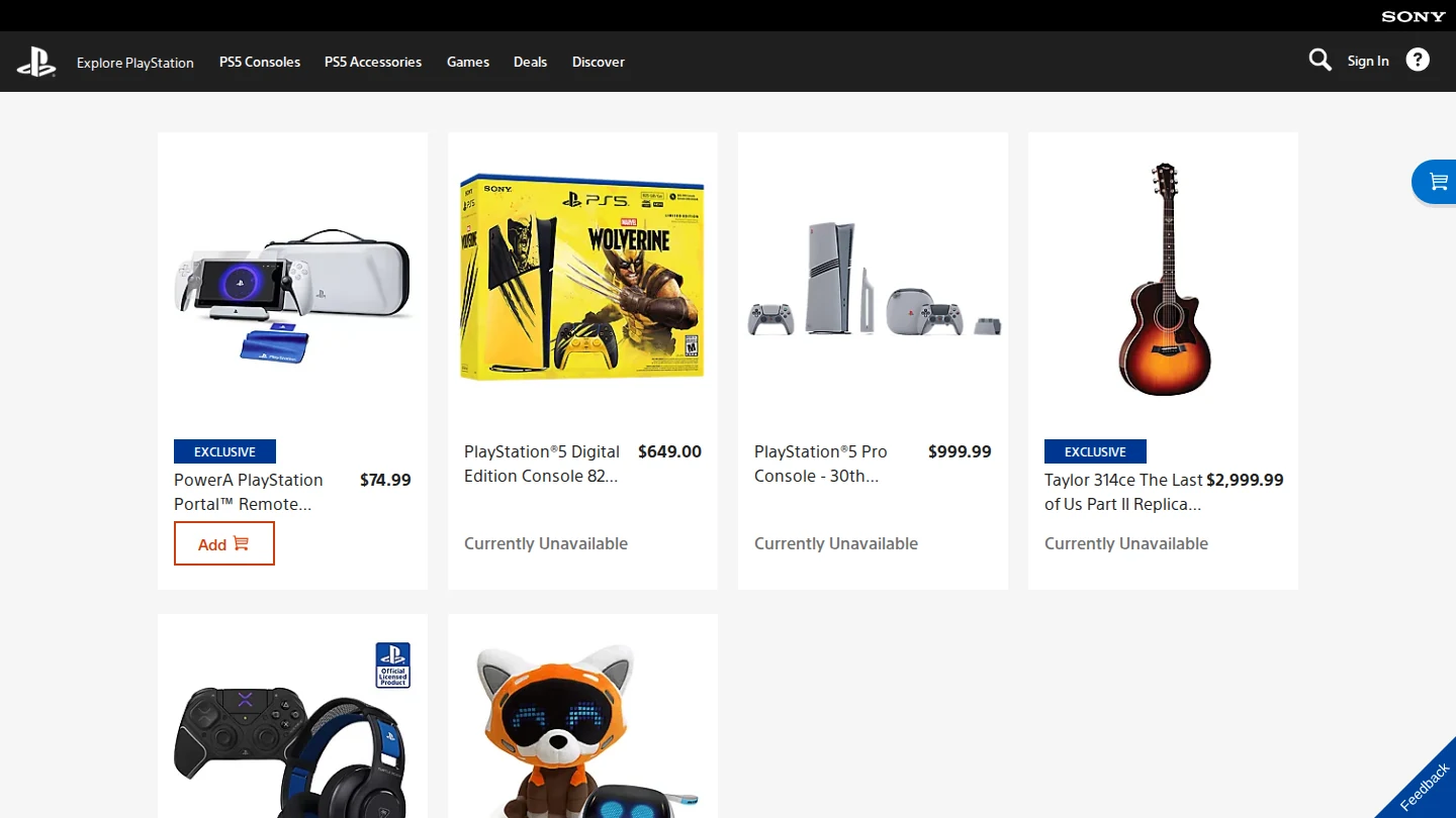 PlayStation Direct bundle results showing the PS5 Digital Edition Marvel's Wolverine limited edition bundle and the PS5 Pro 30th anniversary bundle