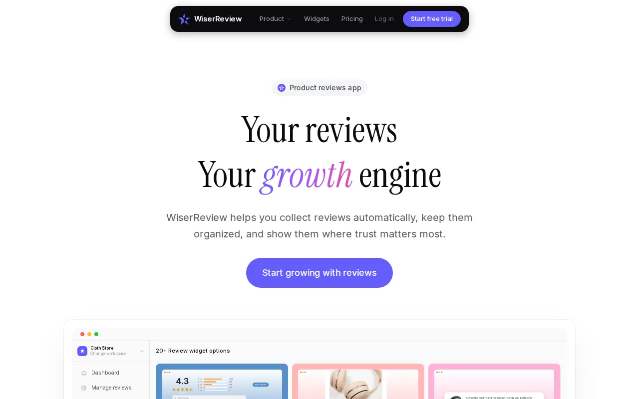 WiserReview homepage with the headline Your reviews, your growth engine