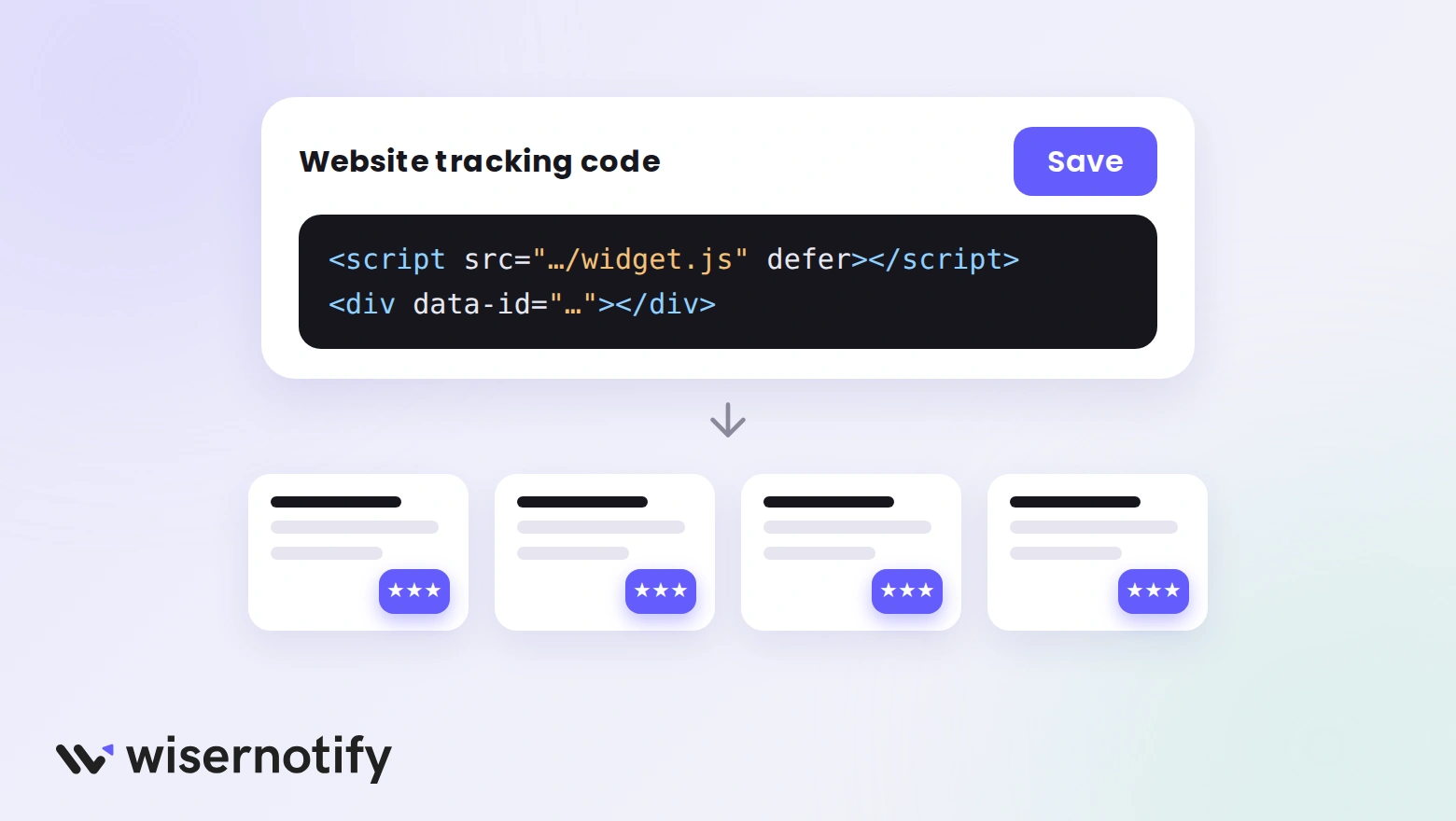 Podia Website tracking code box with a WiserReview script pasted in and a Save button