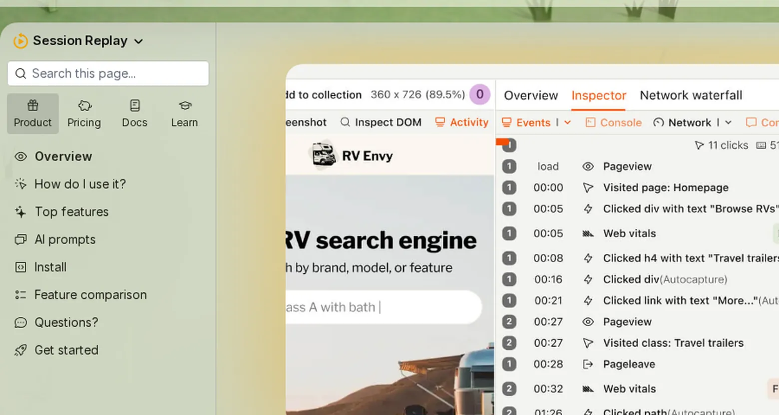 PostHog session replay inspector showing events next to the recording