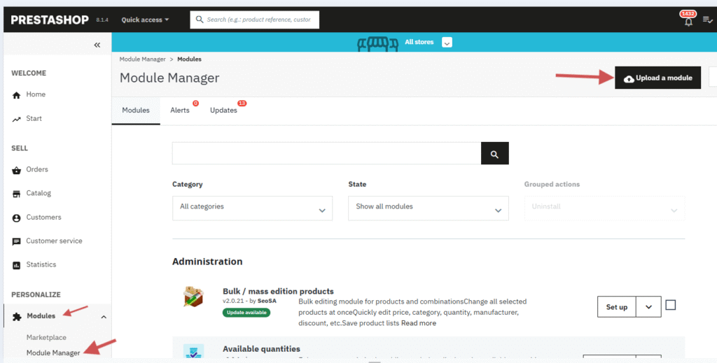 PrestaShop Module Manager with the Upload a module button