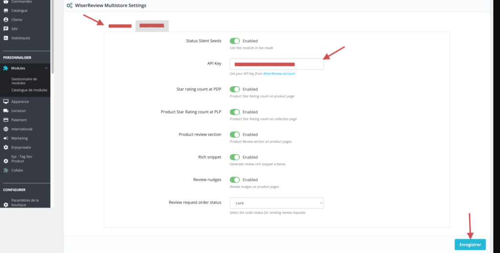 WiserReview PrestaShop module settings with live mode on and the API key field