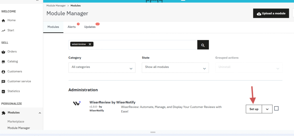 WiserReview module installed in PrestaShop Module Manager with the setup button