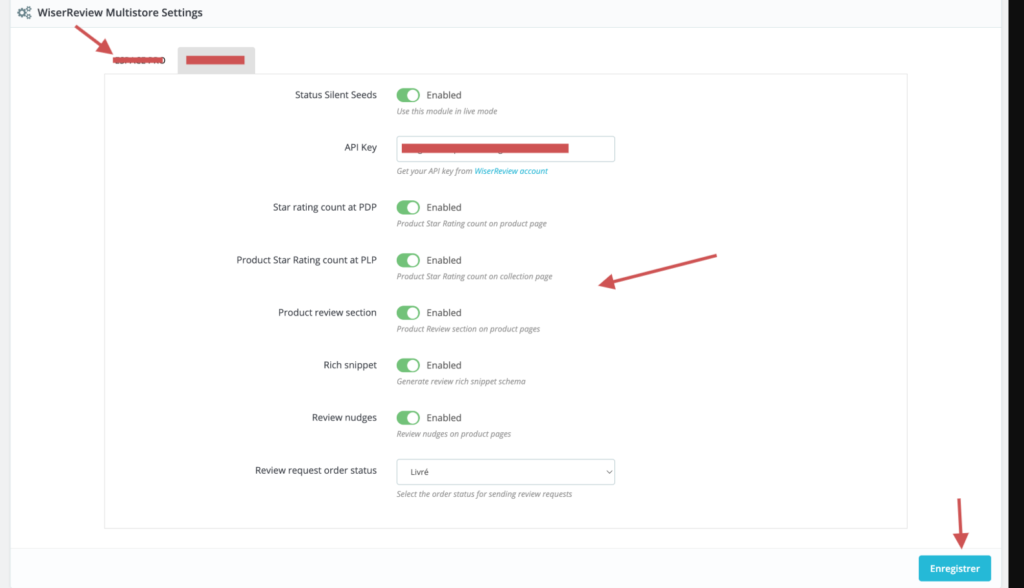 WiserReview PrestaShop module toggles for star ratings, review section, rich snippet, and review nudges