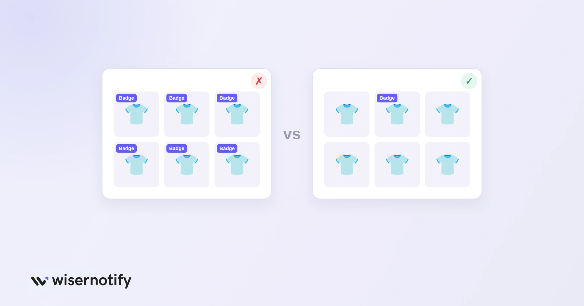 Product grid with every item badged compared with a grid where one item has a badge