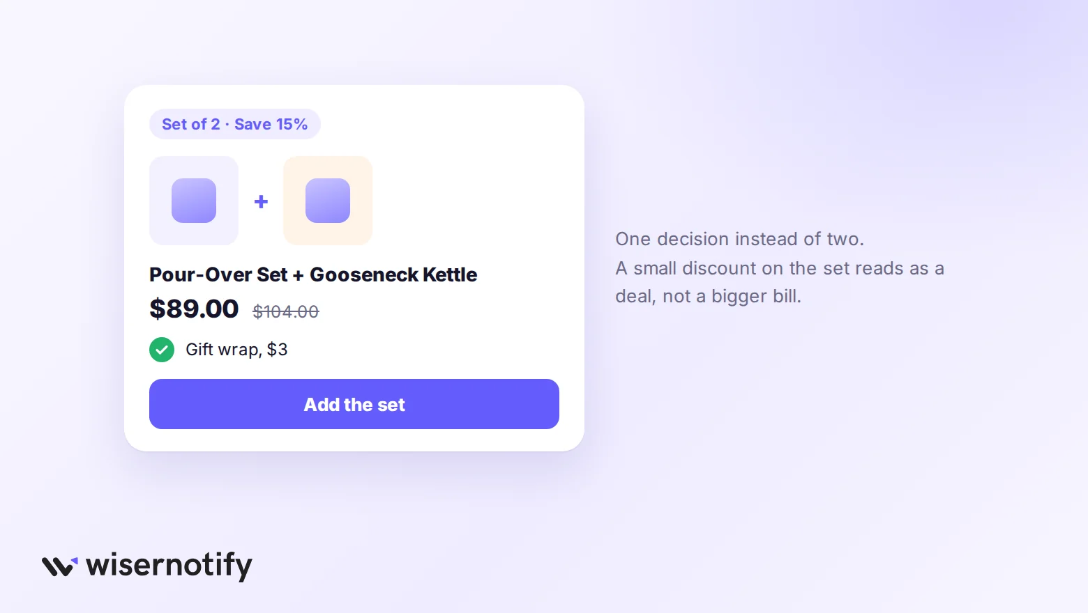 Product bundle card with a set-of-two discount and a gift wrap option