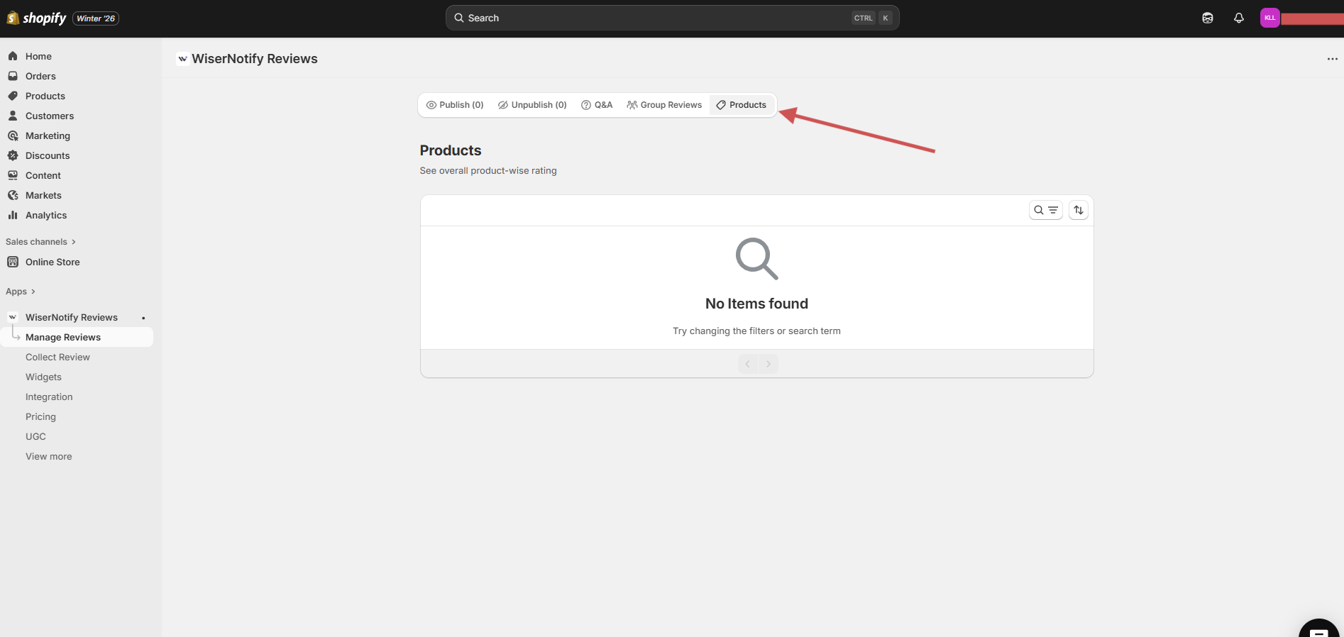 WiserReview Manage Reviews tabs in Shopify including Group Reviews and Products