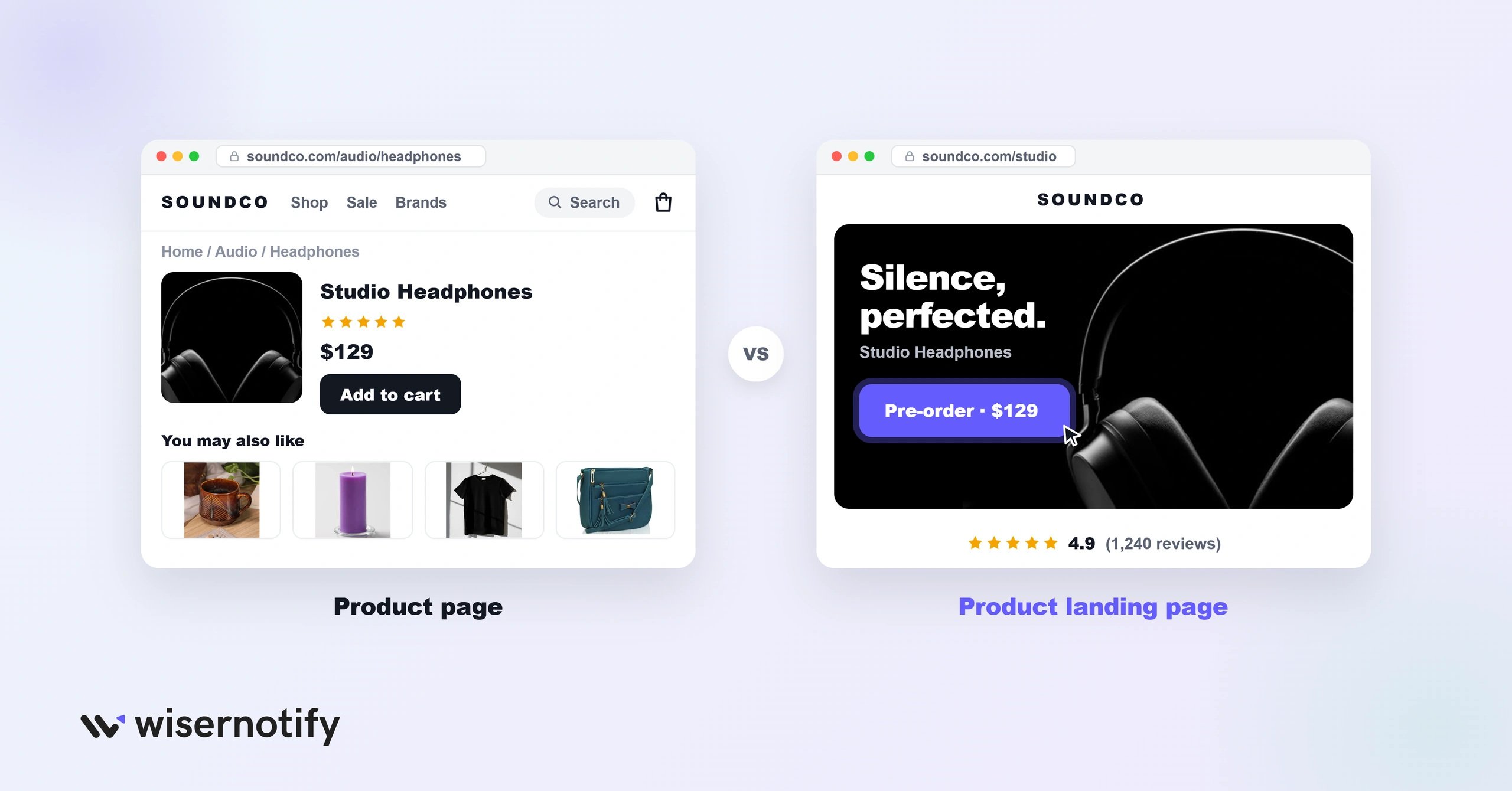 Product page with navigation, breadcrumbs, and related products compared with a product landing page focused on one headline, one pre-order button, and reviews
