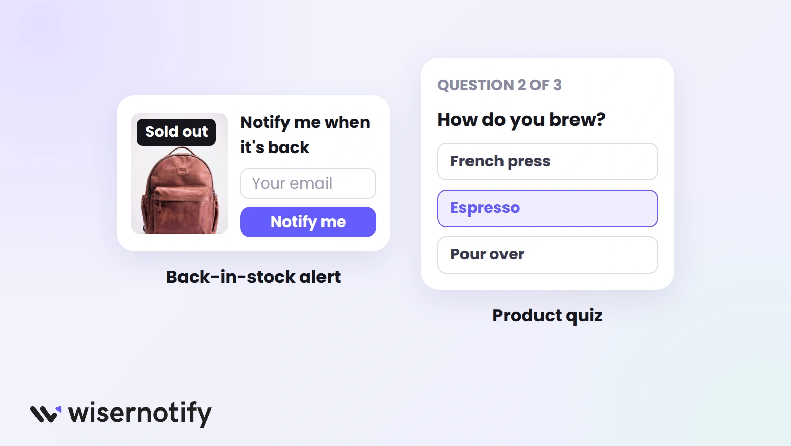 A sold-out product with a back-in-stock email form, next to a product quiz question