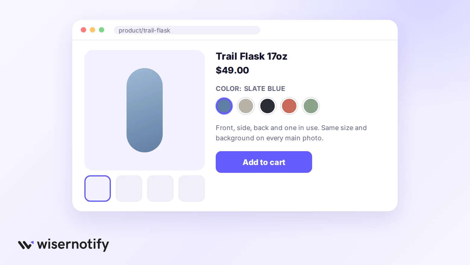 Product page mockup with matching photo thumbnails and color swatches instead of a drop-down
