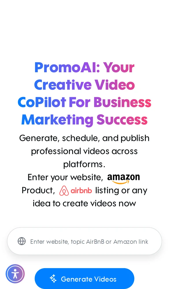 Promo mobile landing page with one website input field and a Generate Videos button