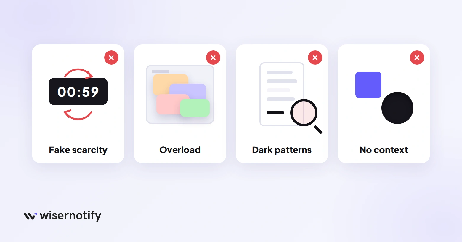 Four psychological marketing mistakes: a looping fake countdown, a page overloaded with popups, a hidden fee in the checkout, and a tactic that doesn't fit the audience