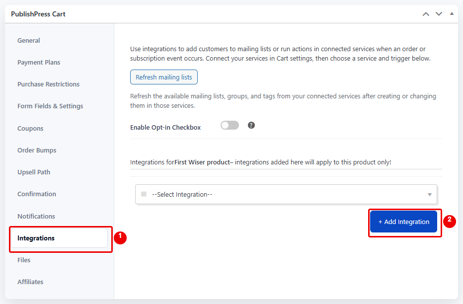 PublishPress Cart product settings: Integrations tab and + Add Integration button