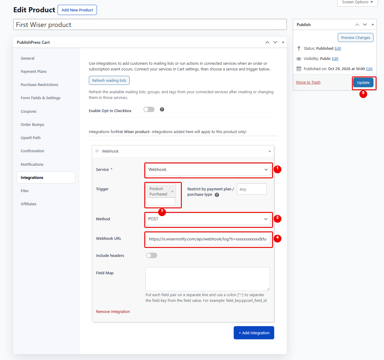 PublishPress Cart webhook integration: Webhook service, Product Purchased trigger, POST method, WiserNotify webhook URL, Update