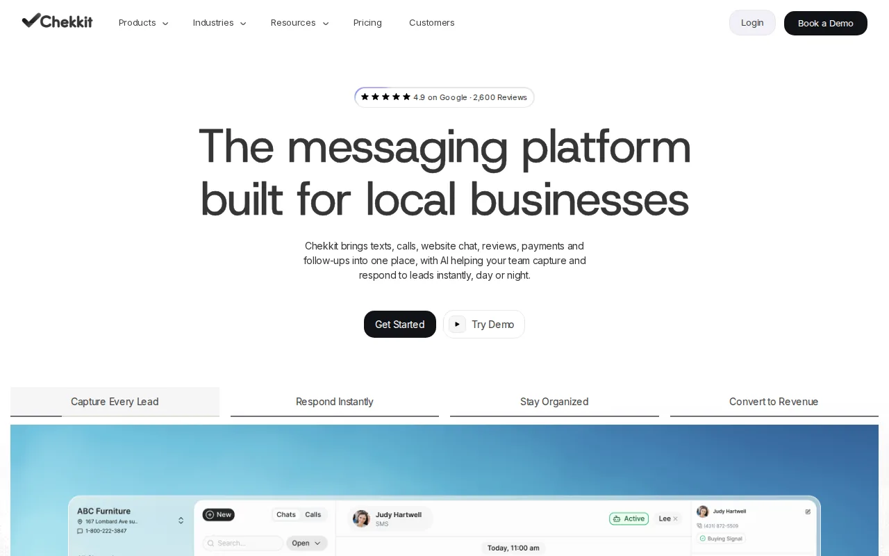 Chekkit homepage with the headline The messaging platform built for local businesses