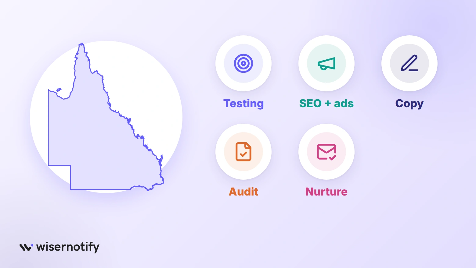 Queensland map next to five icons for what the shortlisted CRO agencies do best: testing, SEO and ads, copy, audit and nurture