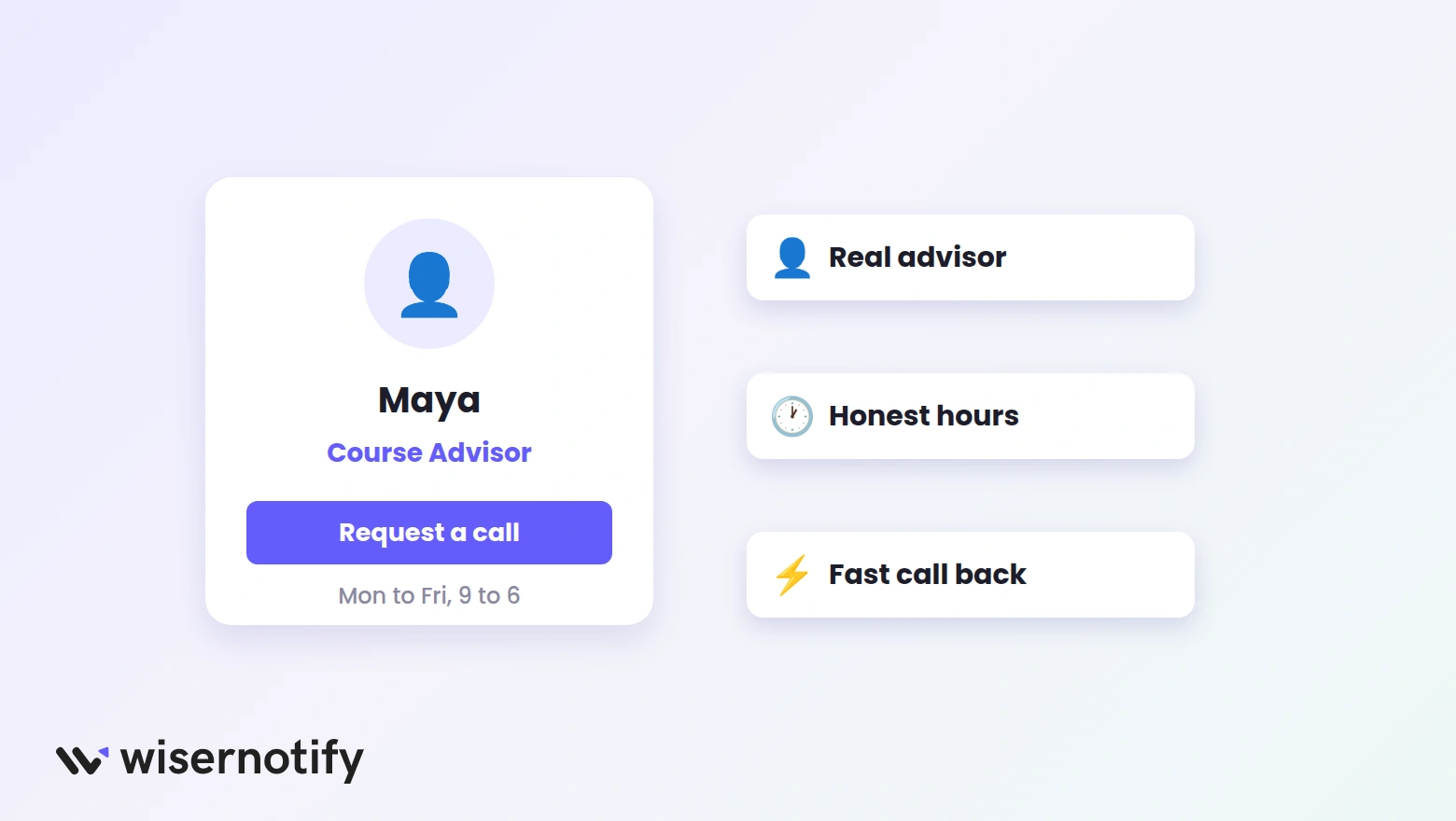 Course advisor contact card named Maya with chips for a real advisor, honest hours and fast call back