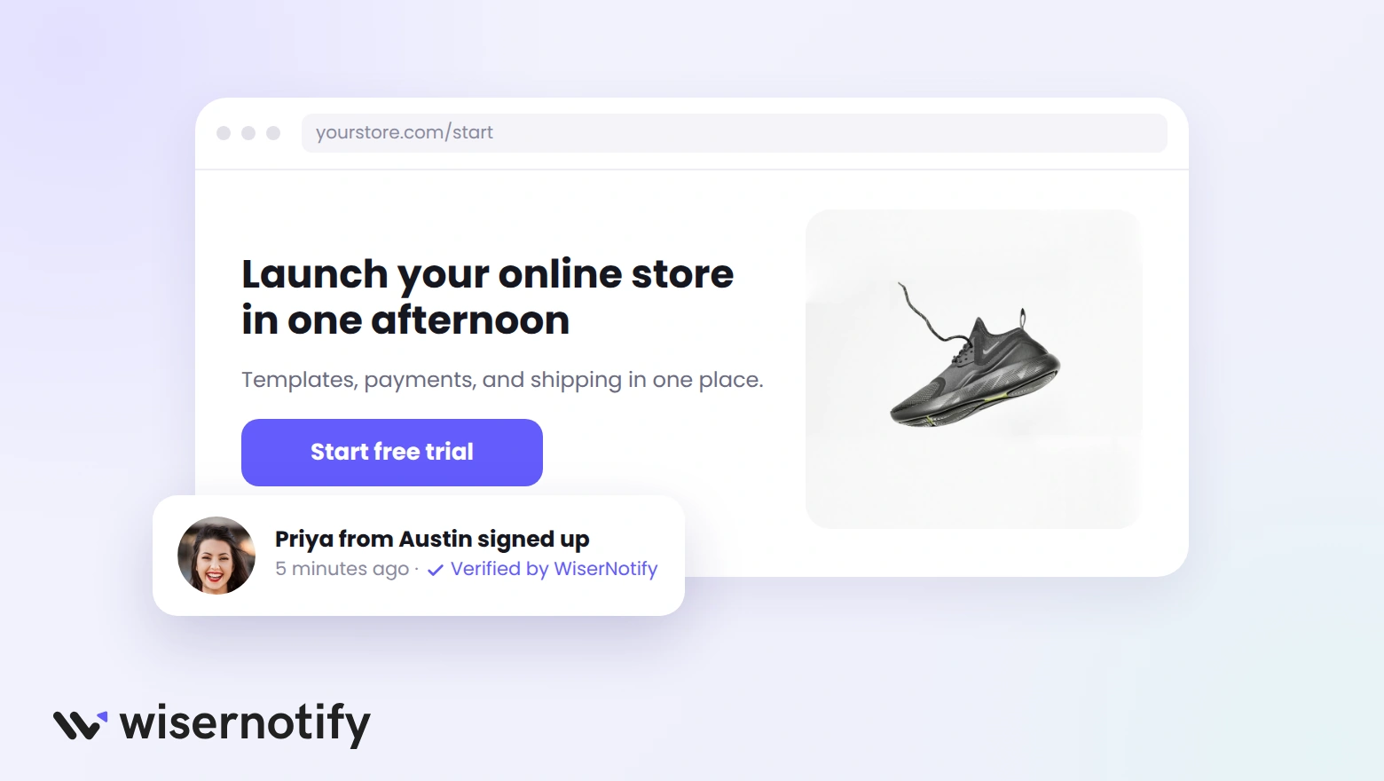 Landing page with a WiserNotify notification showing Priya from Austin signed up 5 minutes ago
