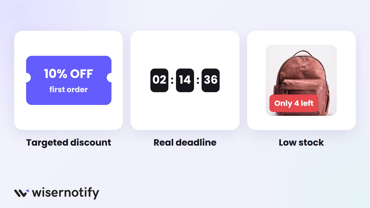 Reasons to buy now: a first-order discount, a sale countdown, and an Only 4 left label