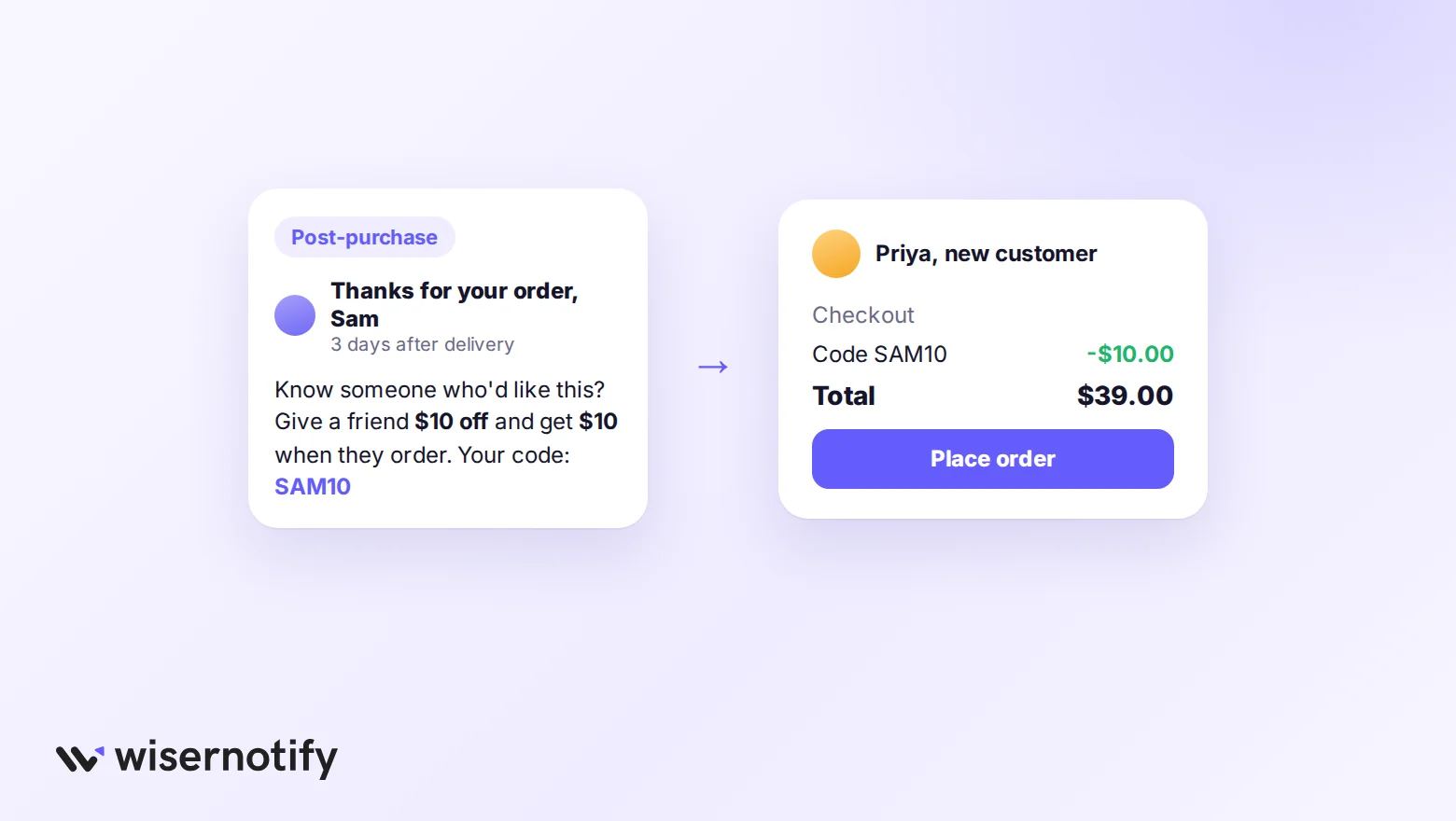 Post-purchase email with a referral code, and the friend's checkout where the code is applied