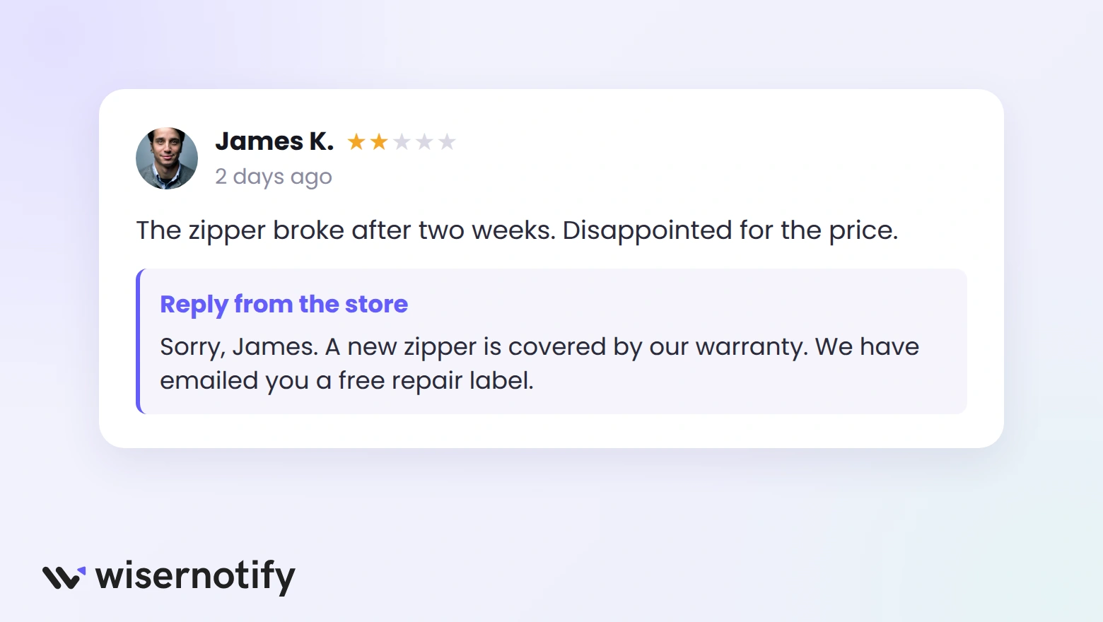 A 2-star customer review with a helpful reply from the store