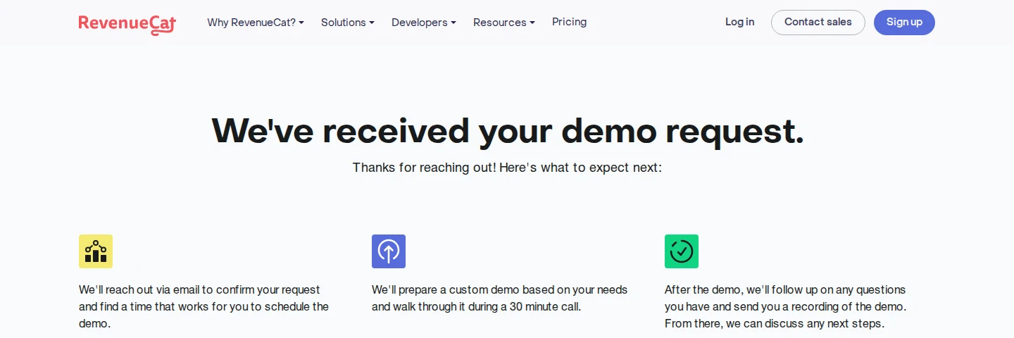 RevenueCat demo request thank you page with three steps of what to expect